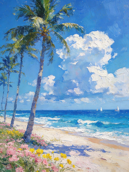 Sandy Shores and Palm Trees, Beach Palm Tree Paintings, Original Artwork, Seashore Painting, Small Oil Paintings, Hand Painted Canvas Wall Art, Heavy Texture Artwork, Small Canvas Paintings-Silvia Home Craft