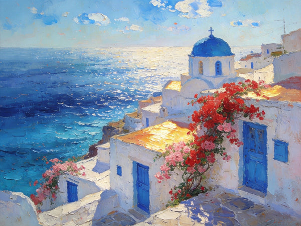 Floral Vines and Maritime Blues, Aegean Blue Domes, On Canvas Small Paintings, Hand Painted Canvas Art, Small Landscape Paintings, Landscape Wall Art Paintings, Original Oil Paintings-Silvia Home Craft