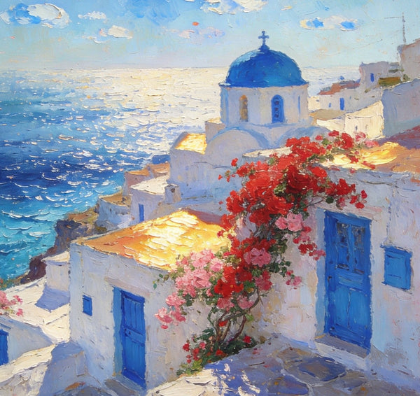 Floral Vines and Maritime Blues, Aegean Blue Domes, On Canvas Small Paintings, Hand Painted Canvas Art, Small Landscape Paintings, Landscape Wall Art Paintings, Original Oil Paintings-Silvia Home Craft