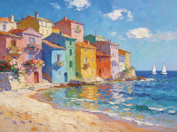 Palette Knife Oil Paintings, Seashore Town Tranquility, Original Oil Paintings, Small Landscape Paintings on Canvas, Landscape Canvas Paintings, Hand Painted Canvas Art-Silvia Home Craft