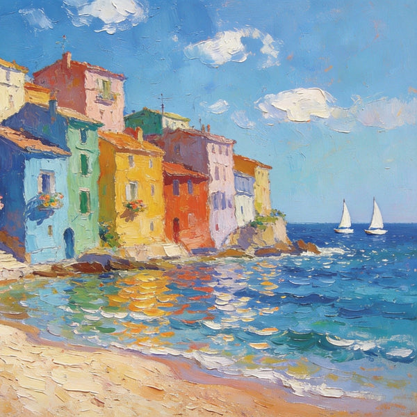 Palette Knife Oil Paintings, Seashore Town Tranquility, Original Oil Paintings, Small Landscape Paintings on Canvas, Landscape Canvas Paintings, Hand Painted Canvas Art-Silvia Home Craft