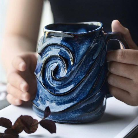 Blue Ceramic Coffee Mug, Stoneware Coffee Mugs, Large Capacity Coffee Cups, Birthday Gifts, Handmade Pottery Coffee Mug-Silvia Home Craft