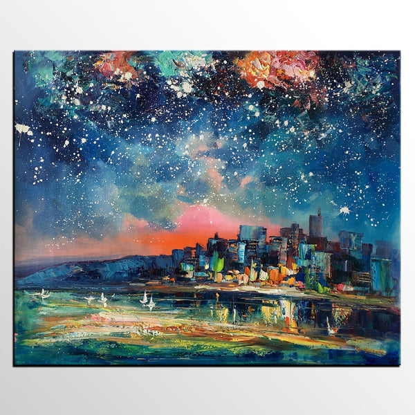 Abstract Oil Painting for Sale, Sail Boat under Starry Night Sky Painting, Custom Original Painting, Landscape Painting-Silvia Home Craft