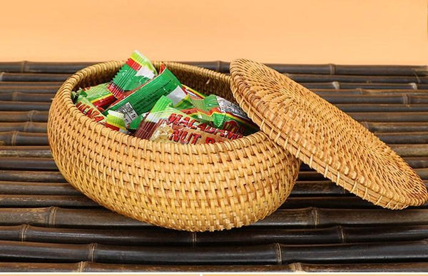 Storage Basket for Kitchen, Small Rattan Storage Basket, Round Storage Basket with Lid, Pantry Storage Ideas-Silvia Home Craft
