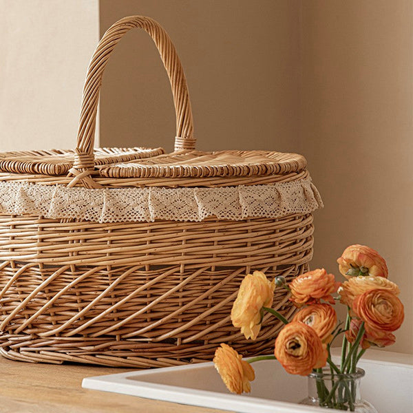 Extra Large Kitchen Storage Baskets, Picnic Storage Basket with Handle, Natural Hand-woven Wicker Storage Basket, Lovely Willow Weaving Baskets for Vegetable, Natural Fruit Storage Baskets-Silvia Home Craft
