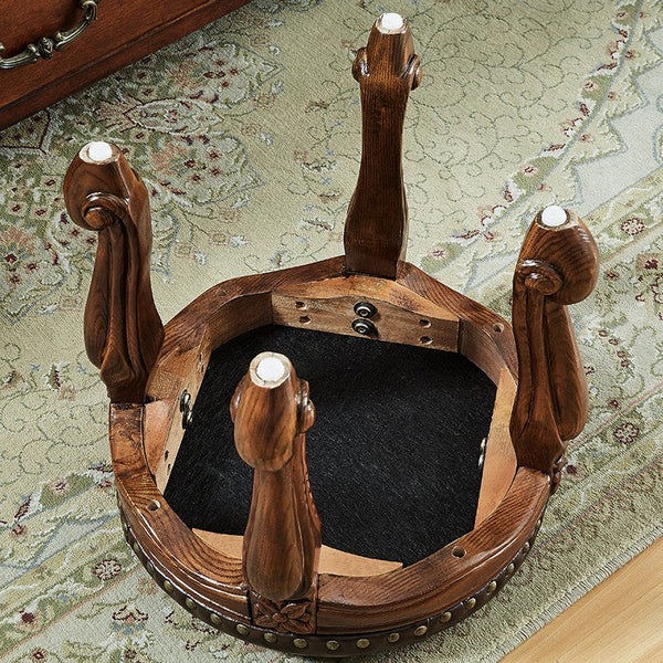 Genuine Leather Solid Wood Entry Bench, Vintage Round Stool, Solid Wood Ottoman, Rubberwood Entry Bench, Vanity Stool-Silvia Home Craft