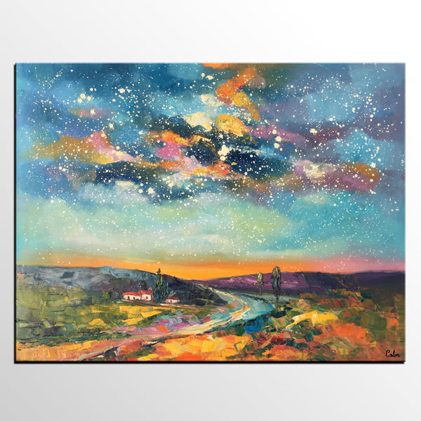 Custom Large Landscape Painting, Starry Night Sky Painting, Living Room Wall Art, Canvas Painting, Impasto Art, Oil Painting