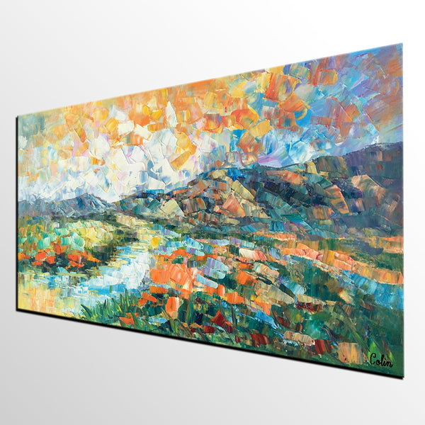 Custom Extra Large Art, Canvas Artwork, Original Artwork, Mountain and River Landscape Painting-Silvia Home Craft