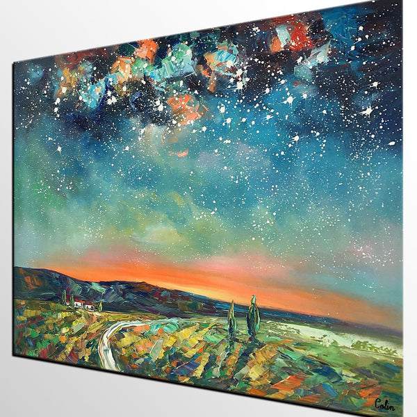 Abstract Landscape Oil Painting, Starry Night Sky Painting, Custom Large Canvas Painting, Heavy Texture Painting-Silvia Home Craft