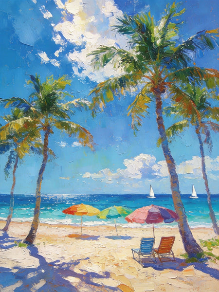 Seaside Relaxation Spot, Seashore Painting, Beach Palm Tree Paintings, Original Artwork, Small Oil Paintings, Hand Painted Canvas Art, Heavy Texture Wall Art Paintings, Small Paintings On Canvas-Silvia Home Craft