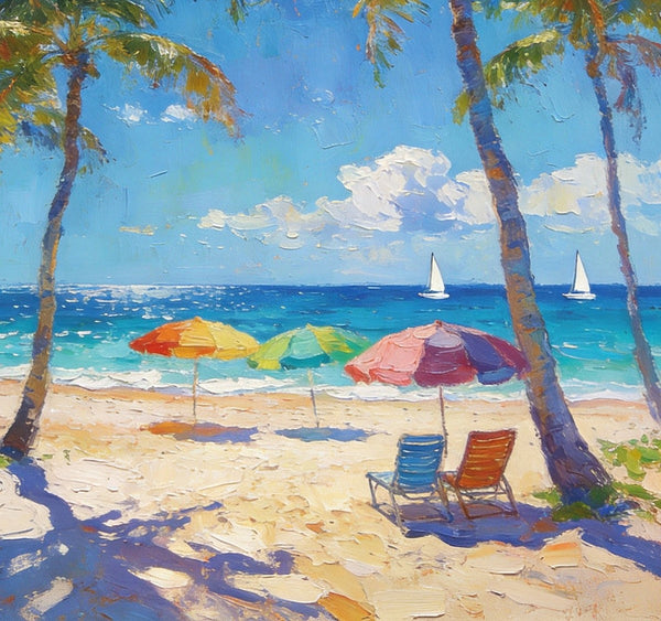 Seaside Relaxation Spot, Seashore Painting, Beach Palm Tree Paintings, Original Artwork, Small Oil Paintings, Hand Painted Canvas Art, Heavy Texture Wall Art Paintings, Small Paintings On Canvas-Silvia Home Craft