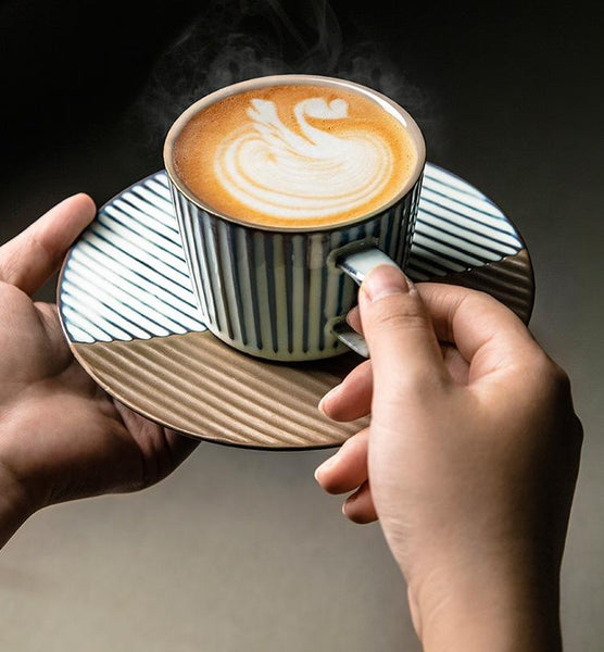 Coffee Cup and Saucer Set, Pottery Coffee Cups, Cappuccino Coffee Mug, Ceramic Coffee Cups, Coffee Cup for Sale, Tea Cup, White / Green / Blue / Yellow-Silvia Home Craft
