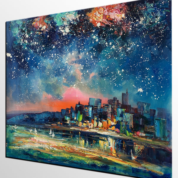 Abstract Oil Painting for Sale, Sail Boat under Starry Night Sky Painting, Custom Original Painting, Landscape Painting-Silvia Home Craft