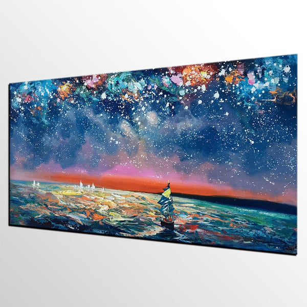 Canvas Wall Art, Sail Boad under Starry Night Painting, Seascape Painting, Custom Large Canvas Wall Art, Original Artwork-Silvia Home Craft
