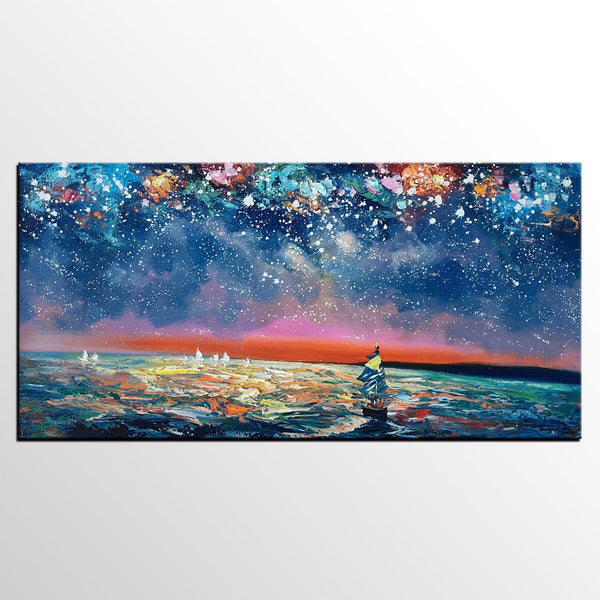 Canvas Wall Art, Sail Boad under Starry Night Painting, Seascape Painting, Custom Large Canvas Wall Art, Original Artwork-Silvia Home Craft