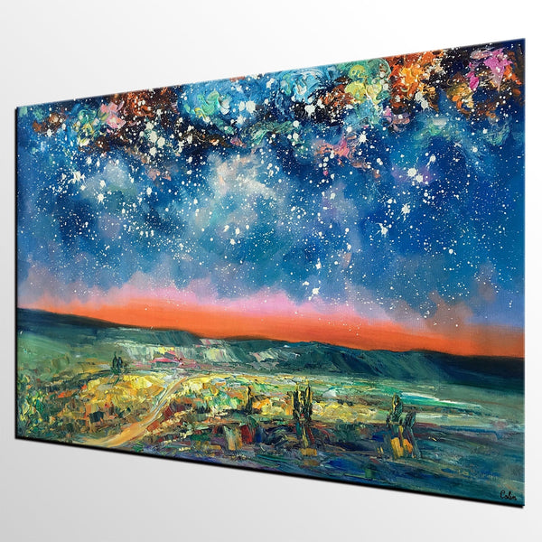Landacape Canvas Painting, Starry Night Sky Painting, Original Landscape Painting, Heavy Texture Art Painting, Palette Knife Painting-Silvia Home Craft