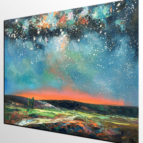 Landscape Canvas Painting, Starry Night Sky Painting, Hand Painted Canvas Art Painting, Landscape Painting for Bedroom, Custom Canvas Painting for Sale-Silvia Home Craft