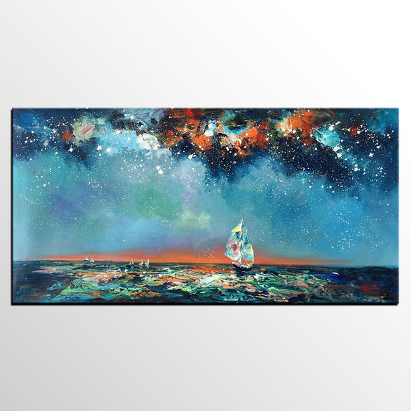 Custom Extra Large Wall Art, Office Painting, Sail Boat under Starry Night Painting, Seascape Painting, Original Artwork-Silvia Home Craft