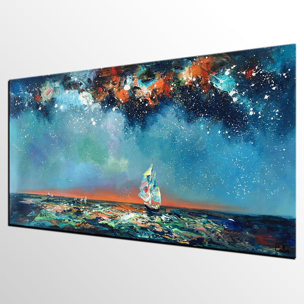 Custom Extra Large Wall Art, Office Painting, Sail Boat under Starry Night Painting, Seascape Painting, Original Artwork-Silvia Home Craft