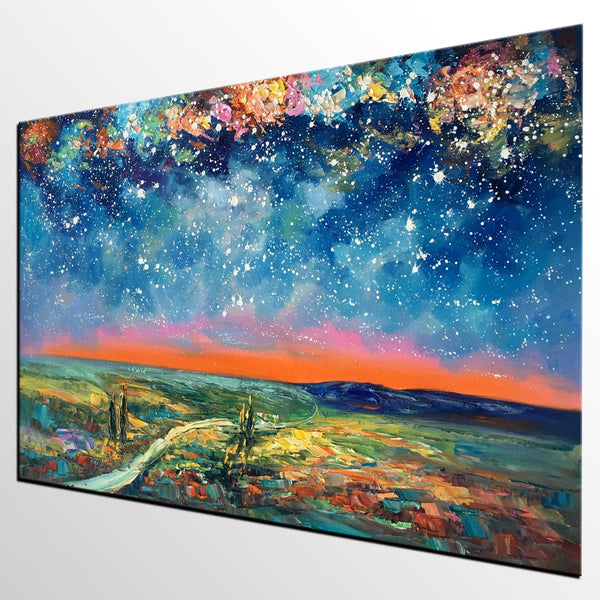 Large Canvas Art Painting, Starry Night Landscape Painting, Custom Large Oil Painting