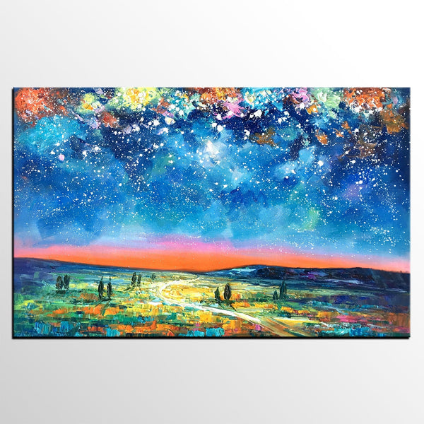 Landscape Oil Paintings, Starry Night Sky Painting, Custom Artwork, Heavy Texture Oil Painting, Landscape Painting for Living Room