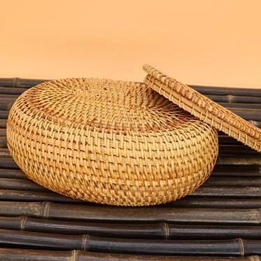 Storage Basket for Kitchen, Small Rattan Storage Basket, Round Storage Basket with Lid, Pantry Storage Ideas-Silvia Home Craft