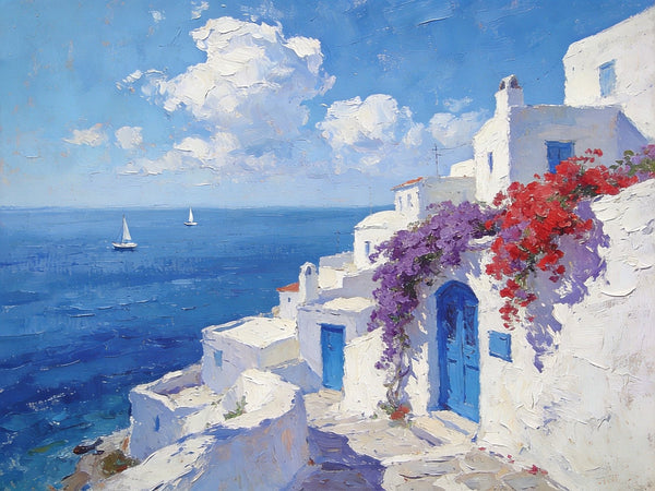 Original Oil Paintings, Santorini's Coastal Serenity, Small Landscape Paintings on Canvas, Palette Knife Wall Art, Landscape Oil Paintings, Hand Painted Canvas Artwork-Silvia Home Craft