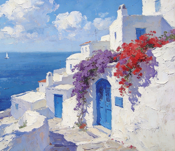 Original Oil Paintings, Santorini's Coastal Serenity, Small Landscape Paintings on Canvas, Palette Knife Wall Art, Landscape Oil Paintings, Hand Painted Canvas Artwork-Silvia Home Craft