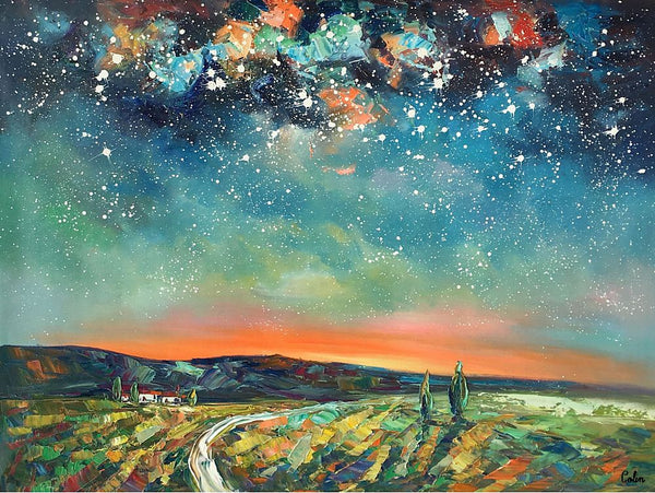 Abstract Landscape Oil Painting, Starry Night Sky Painting, Custom Large Canvas Painting, Heavy Texture Painting-Silvia Home Craft