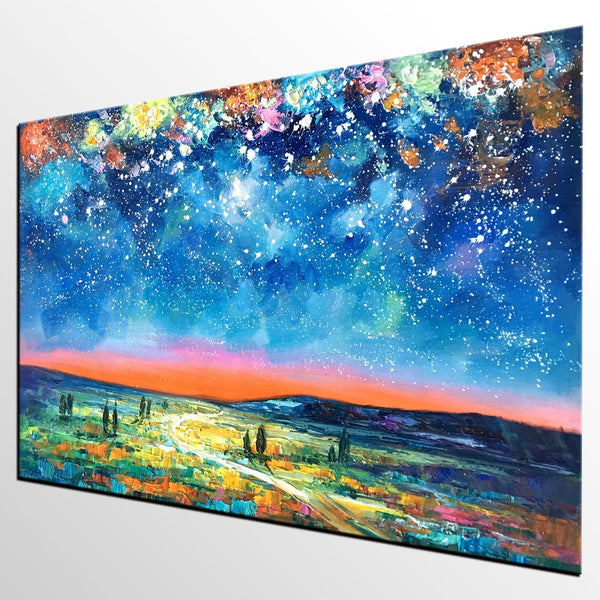 Landscape Oil Paintings, Starry Night Sky Painting, Custom Artwork, Heavy Texture Oil Painting, Landscape Painting for Living Room-Silvia Home Craft