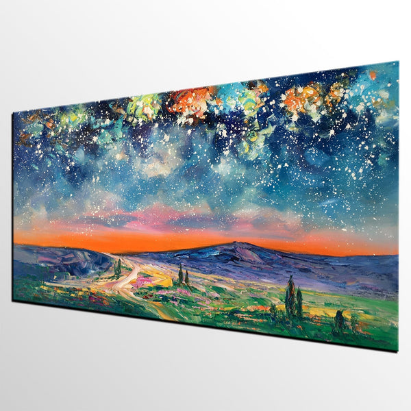 Landscape Oil Painting, Starry Night Sky Painting, Bedroom Wall Art Paintings, Custom Original Painting on Canvas-Silvia Home Craft