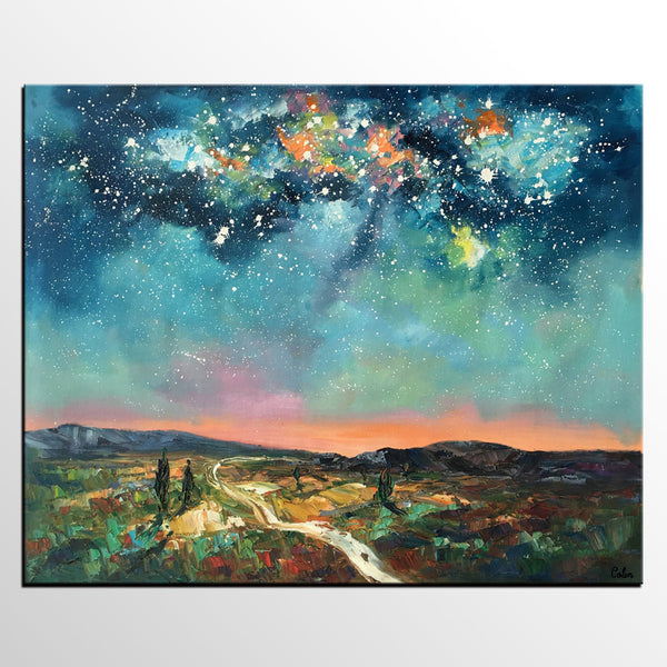 Heavy Texture Landscape Painting, Abstract Landscape Painting, Starry Night Sky, Custom Large Painting-Silvia Home Craft