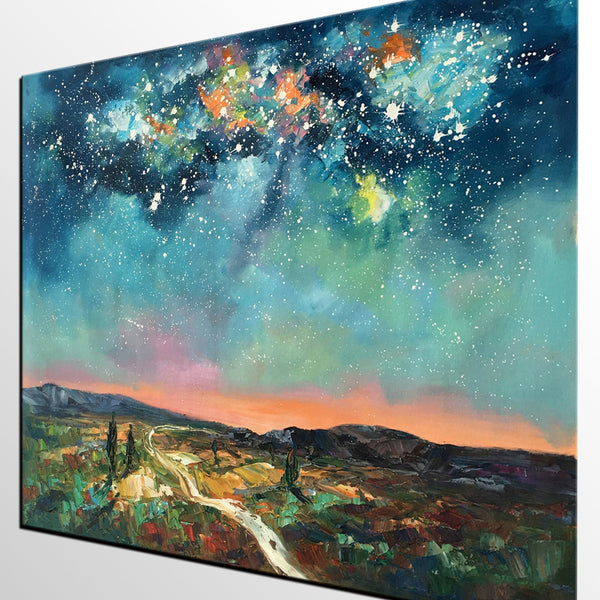 Heavy Texture Landscape Painting, Abstract Landscape Painting, Starry Night Sky, Custom Large Painting-Silvia Home Craft