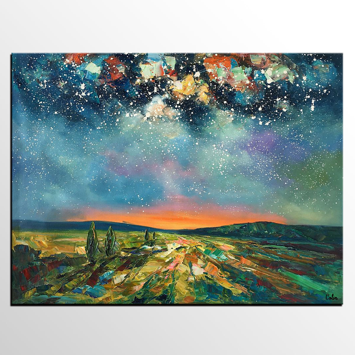 Heavy Texture Landscape Painting, Starry Night Sky, Custom Large Painting,Abstract Landscape Painting-Silvia Home Craft