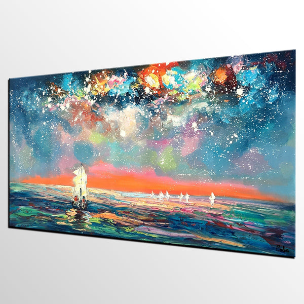 Landscape Painting for Sale, Starry Night Sky Painting, Impasto Artwork, Canvas Painting for Bedroom, Custom Original Landscape Painting-Silvia Home Craft
