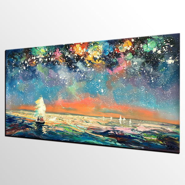 Palette Knife Painting, Impasto Painting, Starry Night Sky Painting, Landscape Canvas Painting for Dining Room, Custom Large Original Painting-Silvia Home Craft