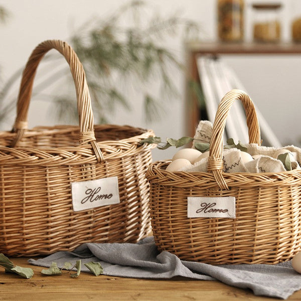 Hand-woven Wicker Storage Basket, Large Picnic Food Basket with Handle, Willow Weaving Baskets for Vegetable, Natural Fruit Basket, Kitchen Storage Baskets-Silvia Home Craft