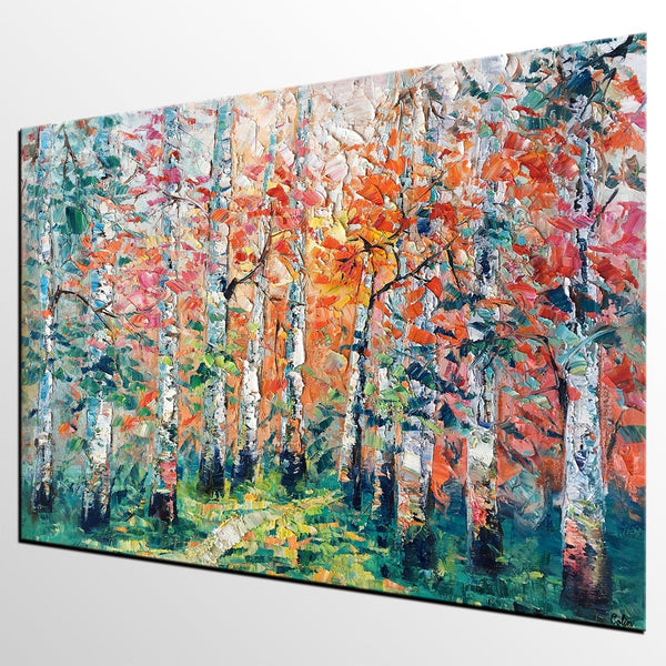 Abstract Landscape Painting, Custom Canvas Painting for Living Room, Heavy Texture Canvas Painting, Autumn Birch Tree-Silvia Home Craft