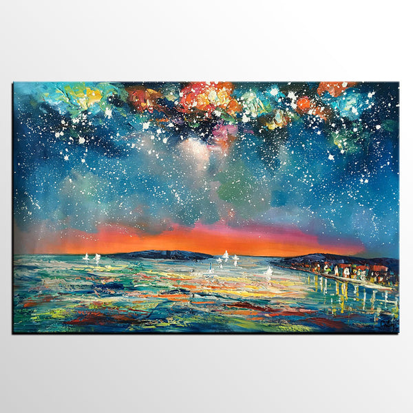 Buy Art Online, Abstract Art for Sale, Sail Boat under Starry Night Sky Painting, Custom Art-Silvia Home Craft