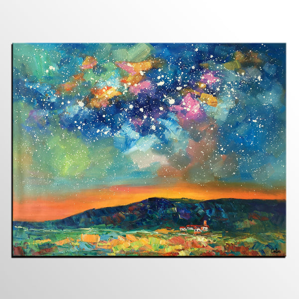 Heavy Texture Abstract Painting, Starry Night Sky, Landscape Painting, Custom Large Art