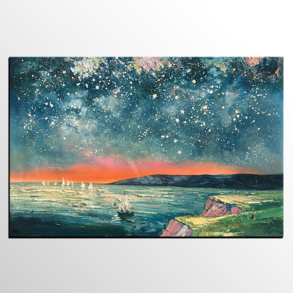 Heavy Texture Painting, Landscape Oil Painting, Starry Night Sky Painting, Custom Large Canvas Painting-Silvia Home Craft