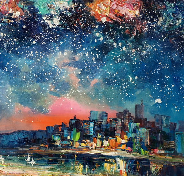 Abstract Oil Painting for Sale, Sail Boat under Starry Night Sky Painting, Custom Original Painting, Landscape Painting-Silvia Home Craft