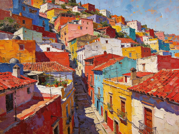Colorful Terraces of Guanajuato, Hand Painted Canvas Art, Small Oil Paintings, Small Wall Art Paintings, Landscape Canvas Paintings, Original Canvas Paintings-Silvia Home Craft