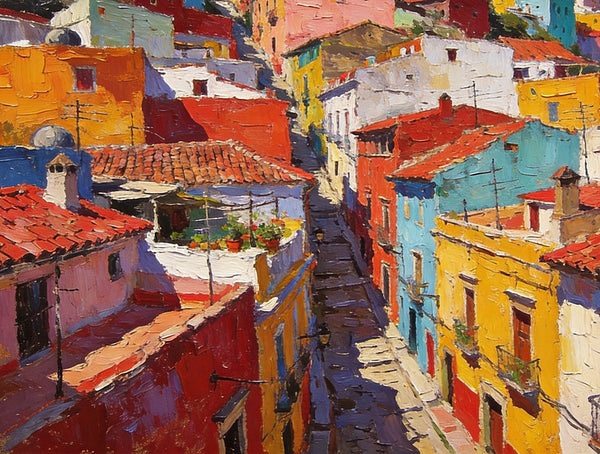 Colorful Terraces of Guanajuato, Hand Painted Canvas Art, Small Oil Paintings, Small Wall Art Paintings, Landscape Canvas Paintings, Original Canvas Paintings-Silvia Home Craft