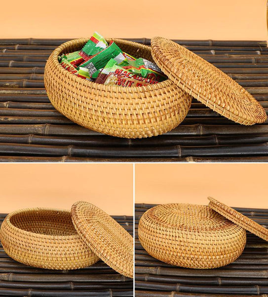Storage Basket for Kitchen, Small Rattan Storage Basket, Round Storage Basket with Lid, Pantry Storage Ideas-Silvia Home Craft