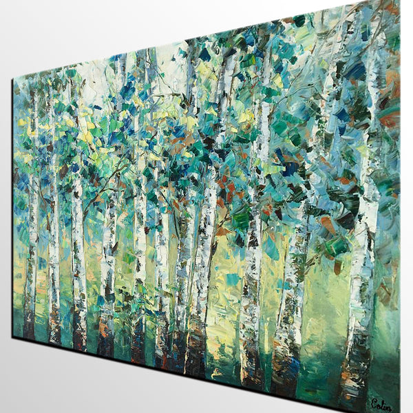 Heavy Texture Canvas Painting, Abstract Landscape Painting, Custom Canvas Painting, Autumn Birch Tree-Silvia Home Craft