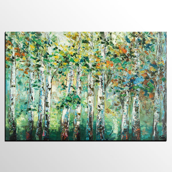 Heavy Texture Canvas Painting, Abstract Landscape Painting, Custom Canvas Painting, Autumn Birch Tree-Silvia Home Craft