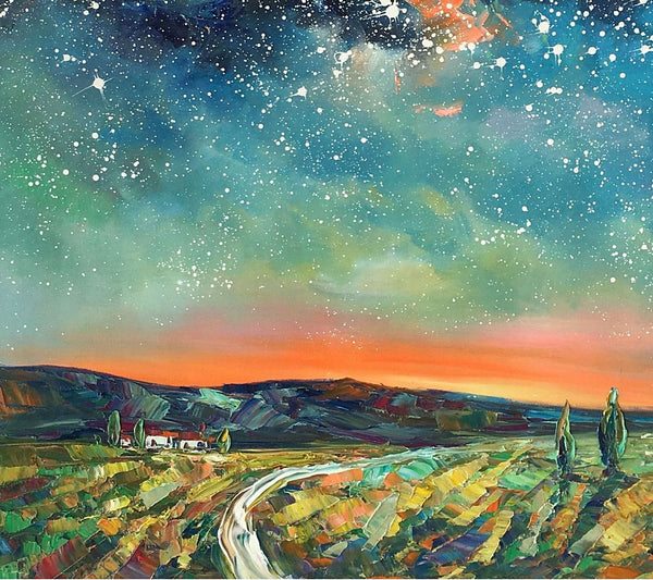 Abstract Landscape Oil Painting, Starry Night Sky Painting, Custom Large Canvas Painting, Heavy Texture Painting-Silvia Home Craft