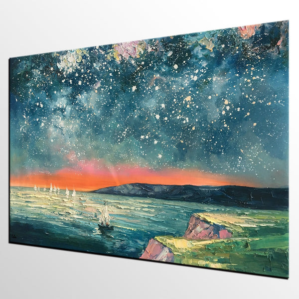 Heavy Texture Painting, Landscape Oil Painting, Starry Night Sky Painting, Custom Large Canvas Painting-Silvia Home Craft