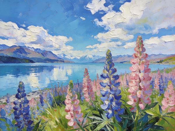 Stunning New Zealand Lake Landscape, Lupins in Bloom, Landscape Paintings on Canvas, Original Oil Paintings, Palette Knife Oil Paintings, Small Landscape Paintings, Hand Painted Canvas Artwork-Silvia Home Craft